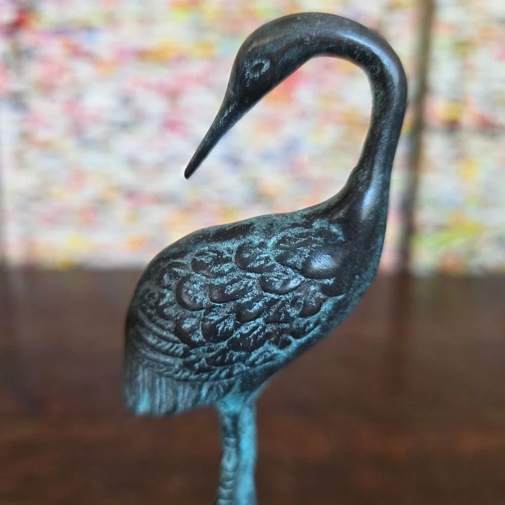 Vintage Bronze Heron Crane Figurine Sculpture on Green Marble Base Verdigris